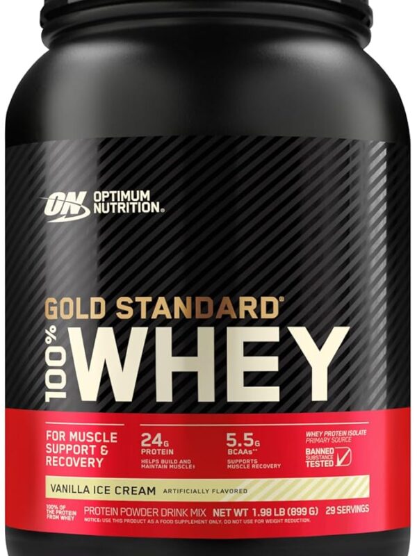 Optimum Nutrition Gold Standard 100% Whey Protein Powder, Vanilla Ice Cream, 2 Pound (Pack of 1) (Packaging May Vary)